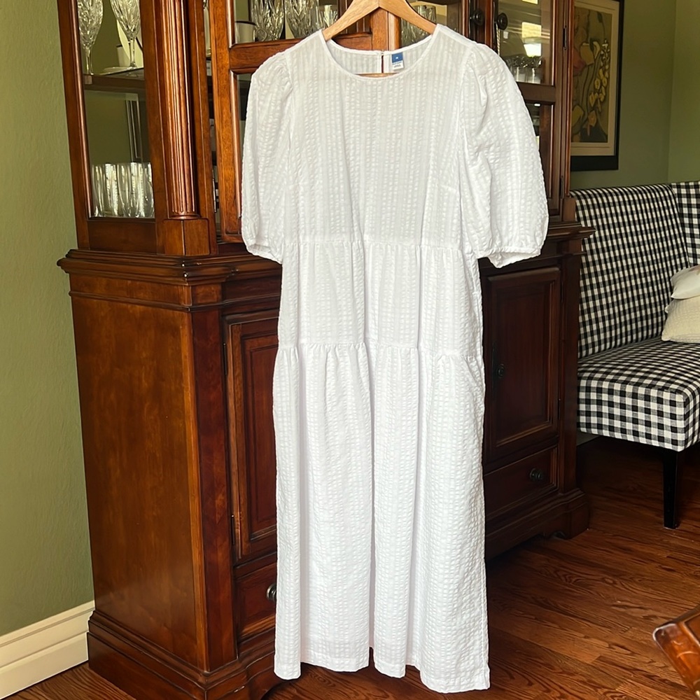 White seersucker midi dress